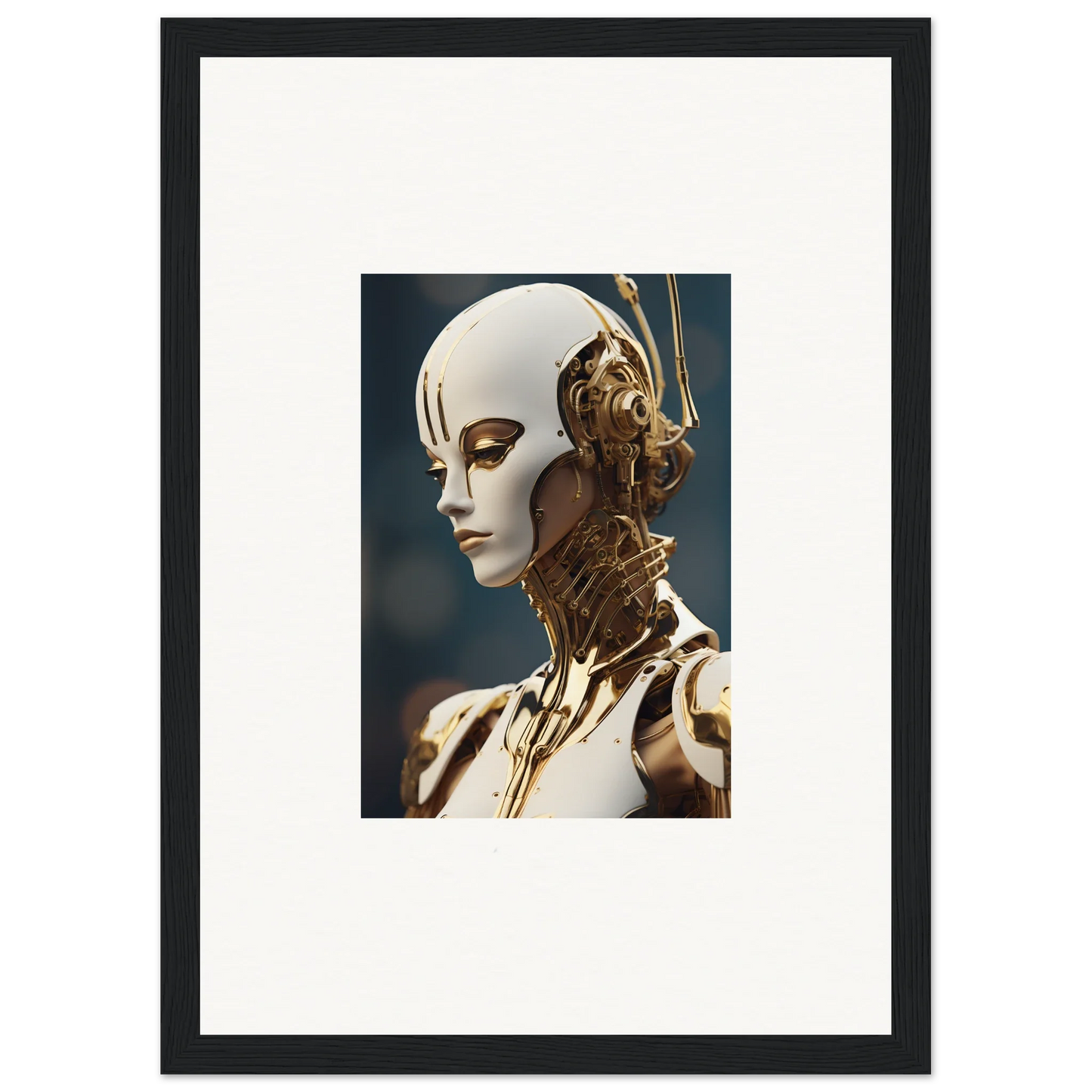 Futuristic humanoid robot with gold details, perfect for Whiskey Obedient wall decor