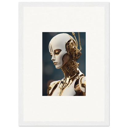 Futuristic humanoid robot with gold features for whiskey obedient room decor wall art