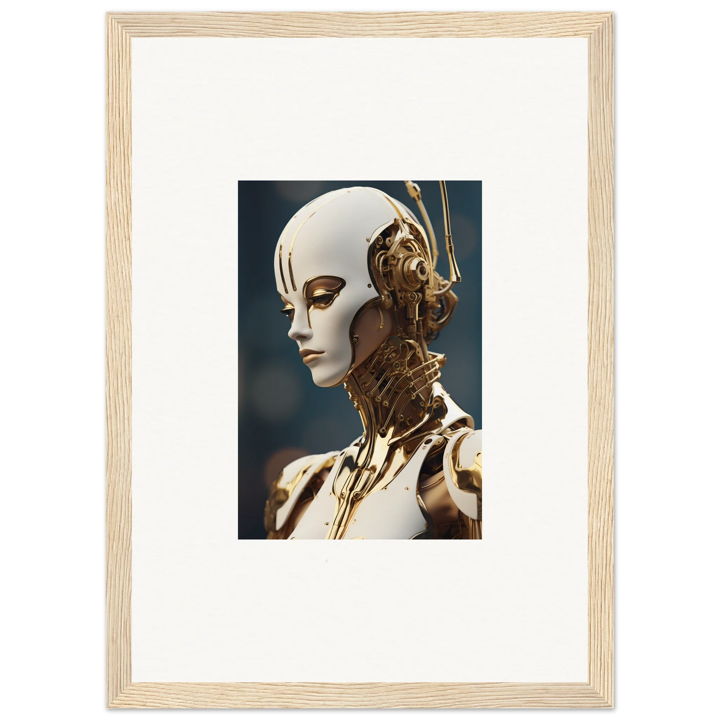 Futuristic humanoid robot wall art with golden details, perfect for whiskey obedient decor