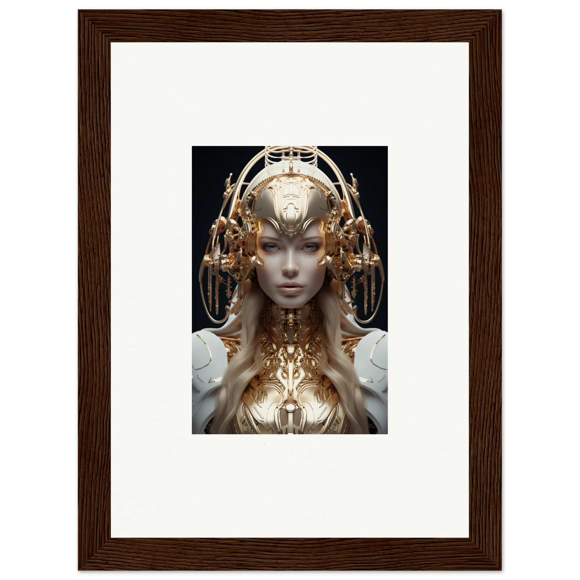 Futuristic humanoid sculpture with golden headdress, ideal for mind reverie room decor