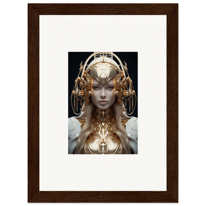 Futuristic humanoid sculpture with golden headdress, ideal for mind reverie room decor