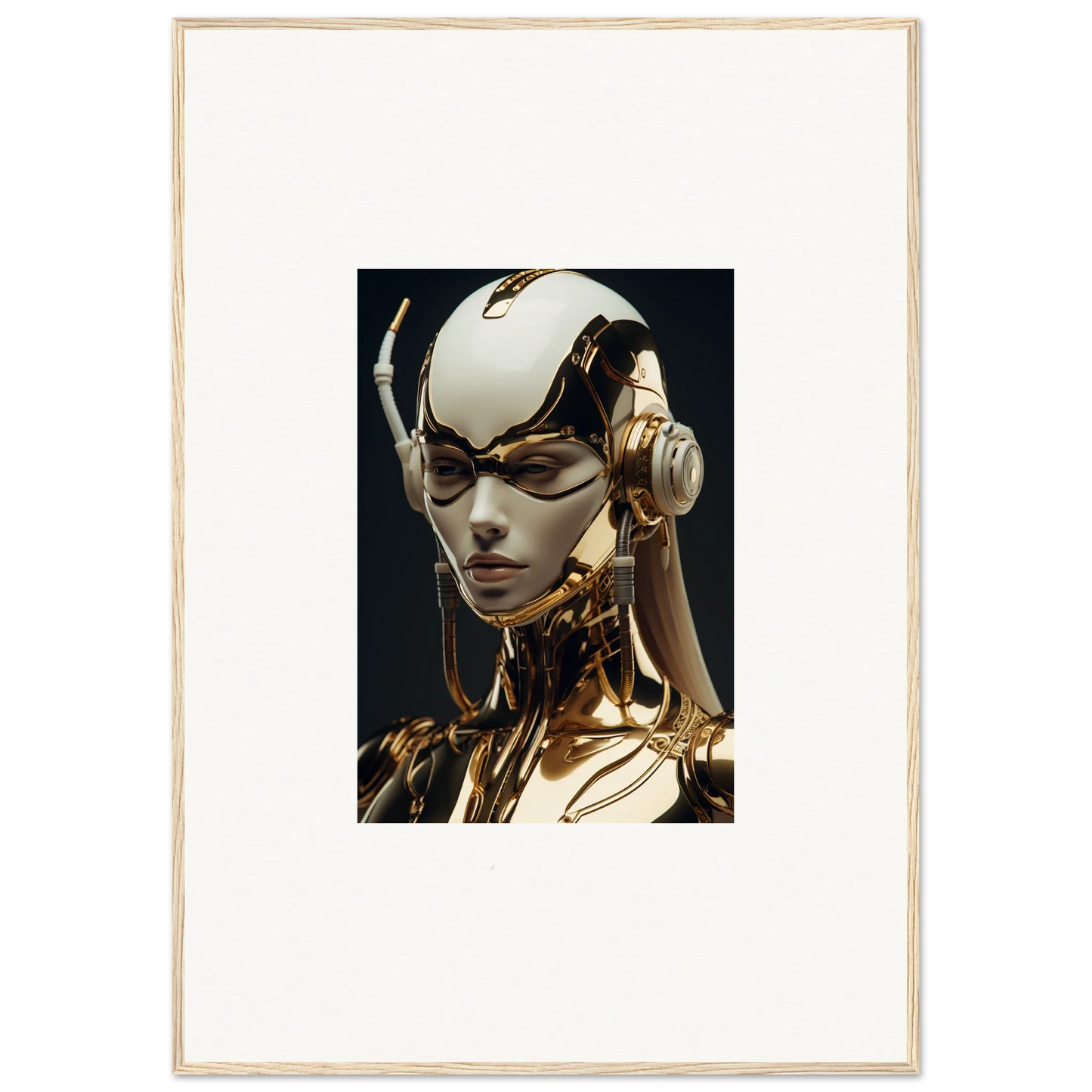 Futuristic robotic figure with gold body and white head for Botanical Sonata room decor