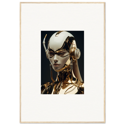 Futuristic robotic figure with gold body and white head for Botanical Sonata room decor