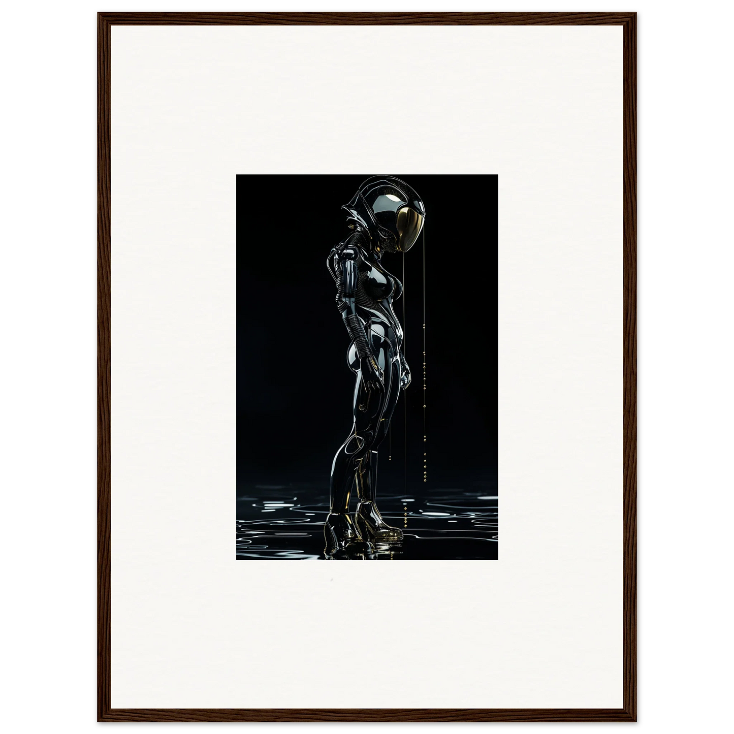 Futuristic robotic figure in dark setting for unique room decor and canvas prints