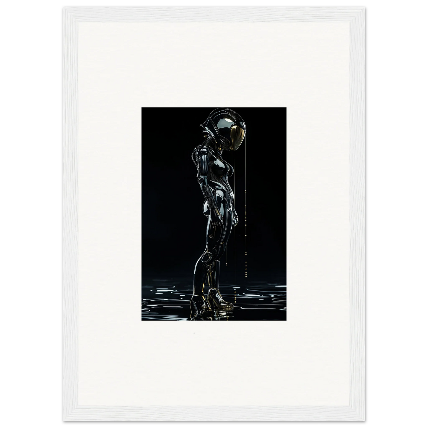 Futuristic robotic figure art for room decor in dark metallic setting, perfect canvas prints