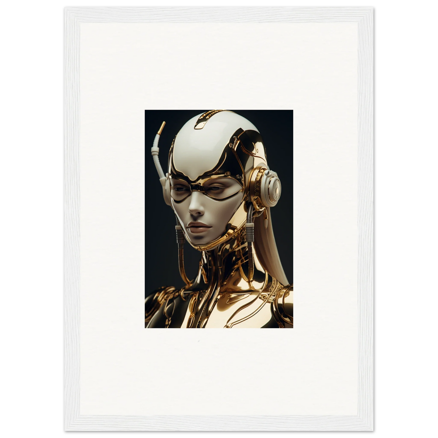 Futuristic robotic head in golden and white, perfect for Botanical Sonata room decor