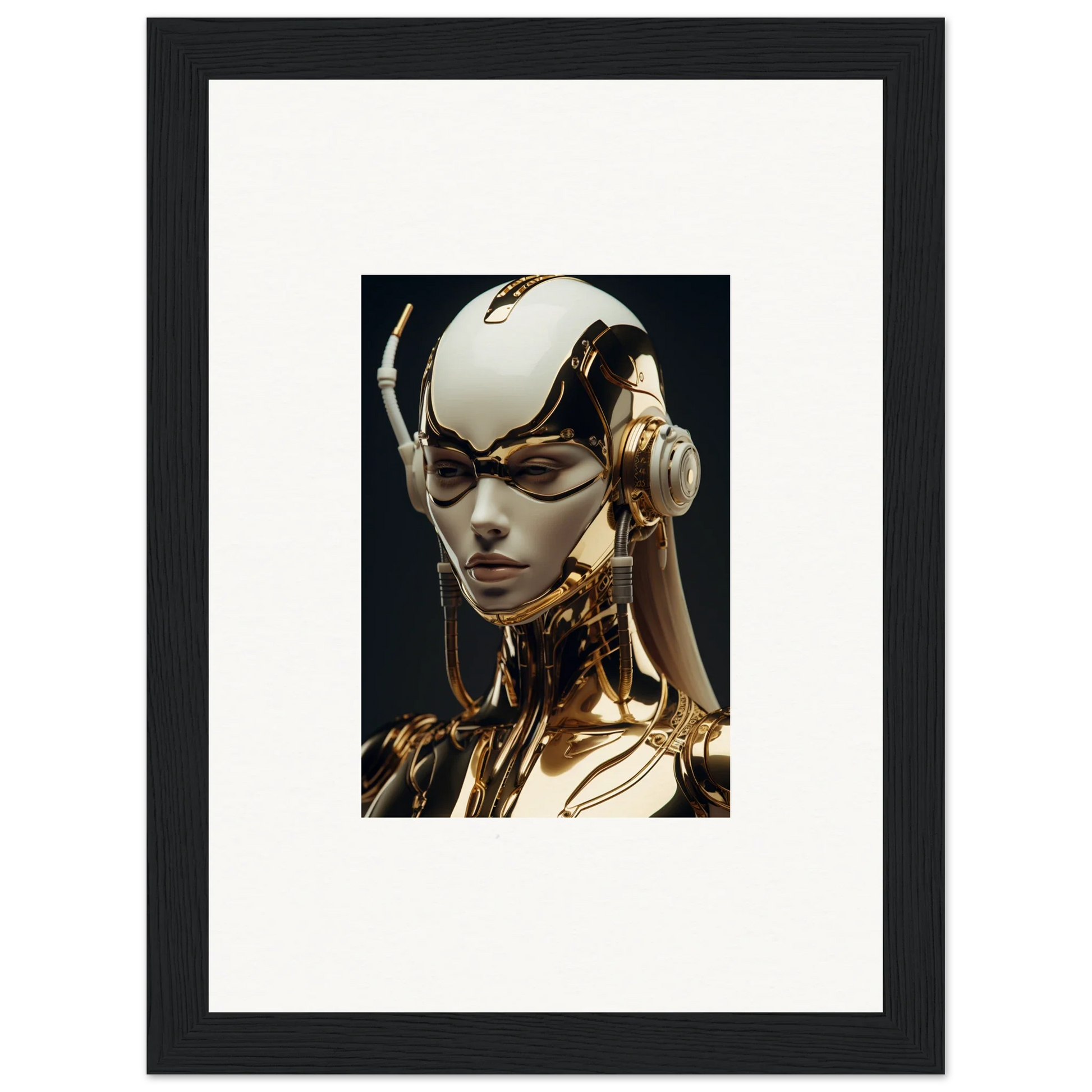 Futuristic robotic humanoid head in gold and white for Aurora Botanical Sonata wall art