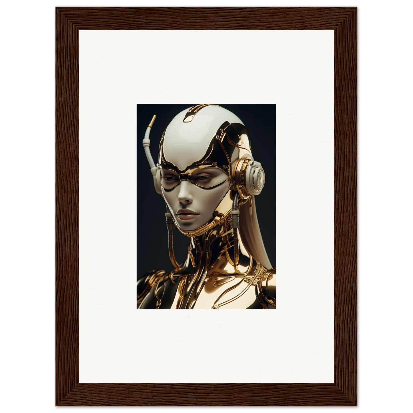 Futuristic robotic head with gold features, ideal for Botanical Sonata room decor