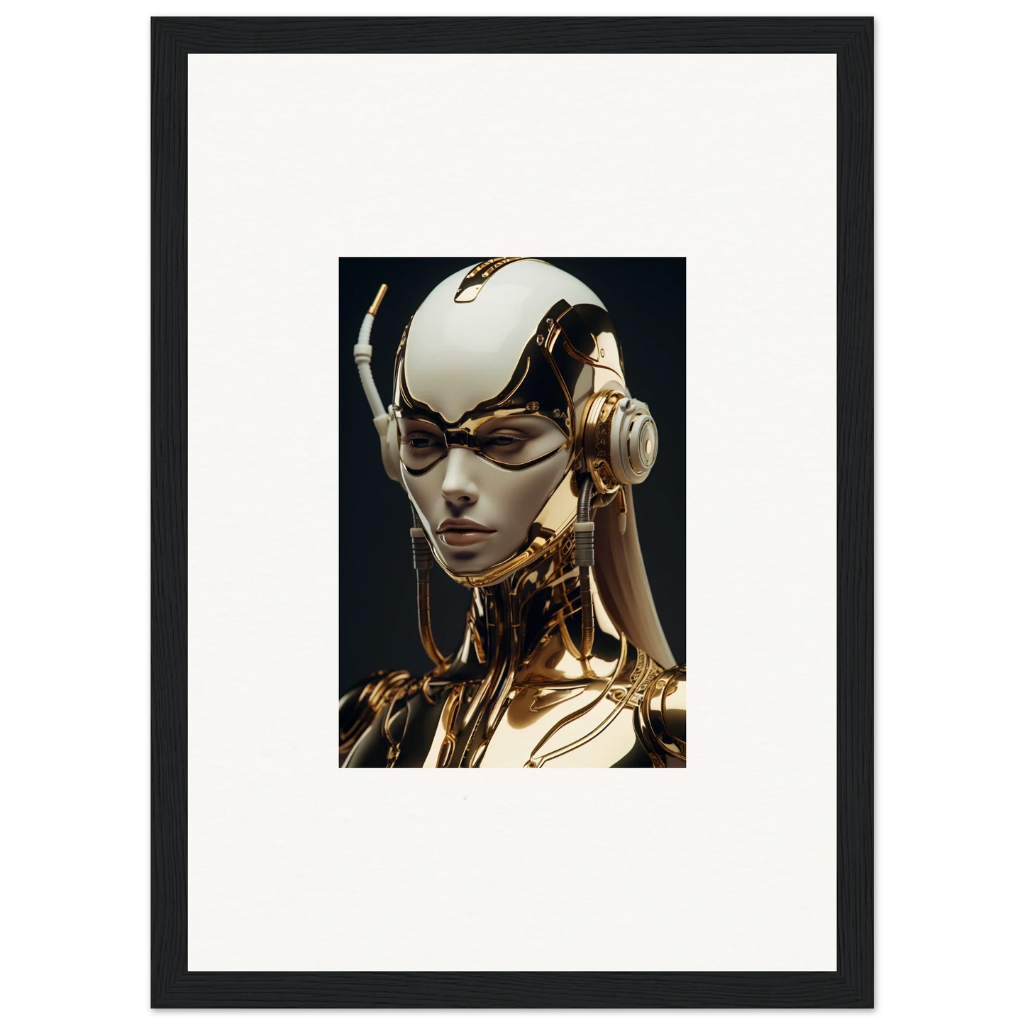 Futuristic robotic humanoid head design in metallic gold and white for room decor