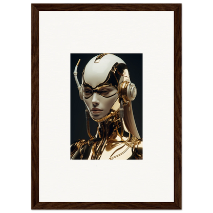 Futuristic robotic humanoid head in gold and white for botanical sonata room decor