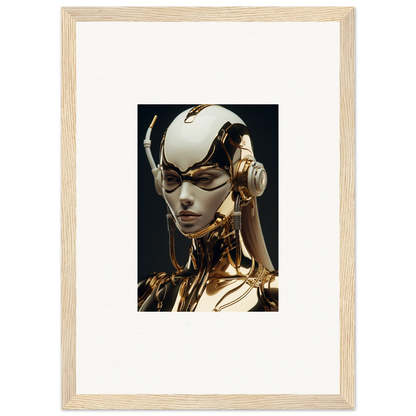 Futuristic robotic humanoid head in metallic gold and white for Botanical Sonata wall art