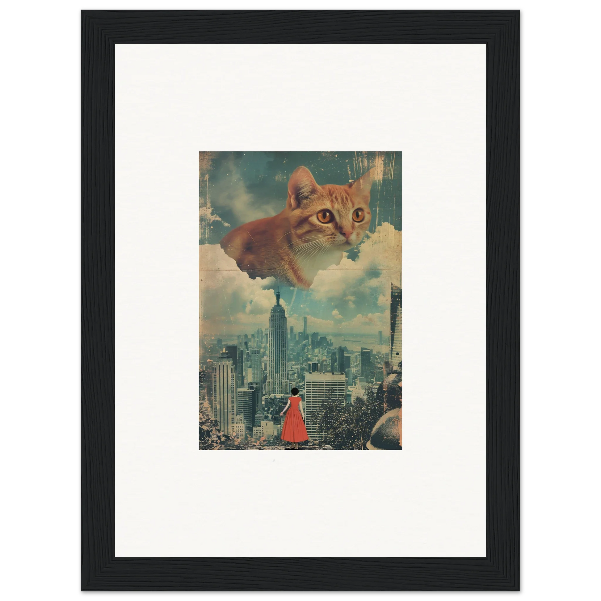 Giant cat floating in the sky above cityscape for cloud ascent room decor framed wall art