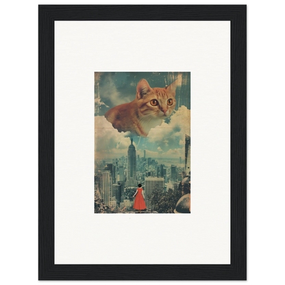 Giant cat floating in the sky above cityscape for cloud ascent room decor framed wall art