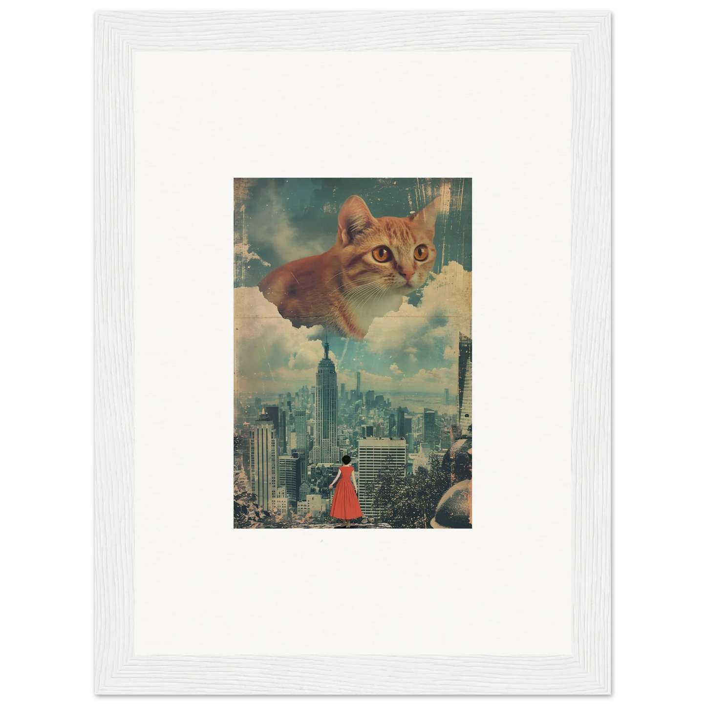 Giant cat floating in sky above cityscape, perfect for cloud ascent room decor