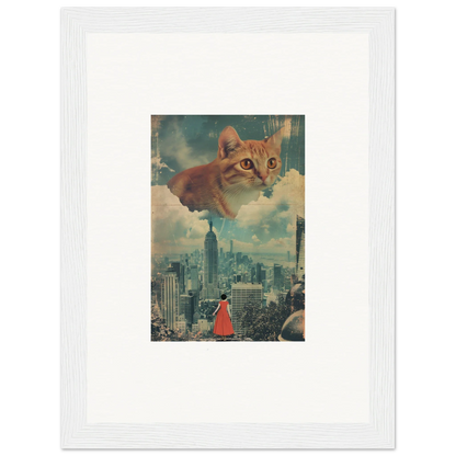 Giant cat floating in sky above cityscape, perfect for cloud ascent room decor