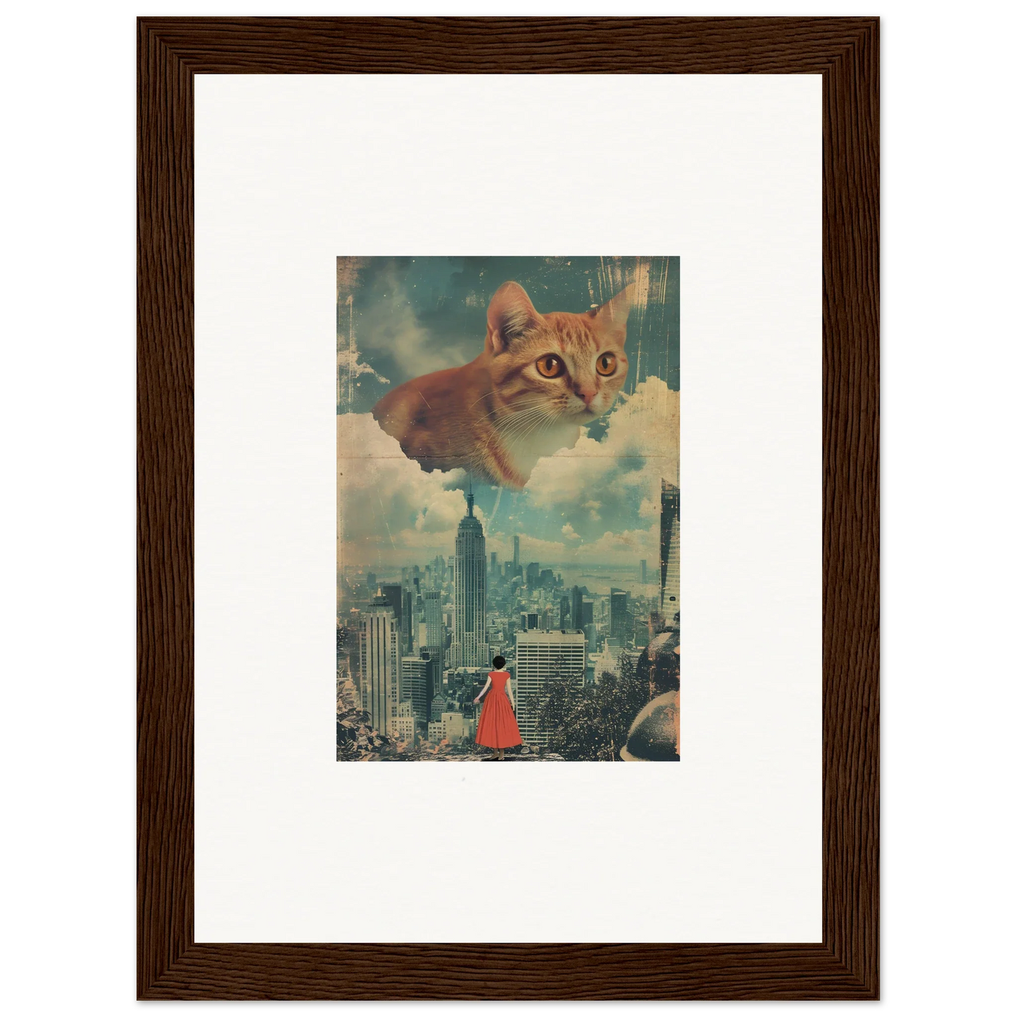 Ginger cat face in a cloudy sky above a city, perfect for cloud ascent room decor