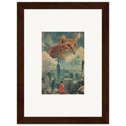 Ginger cat face in a cloudy sky above a city, perfect for cloud ascent room decor