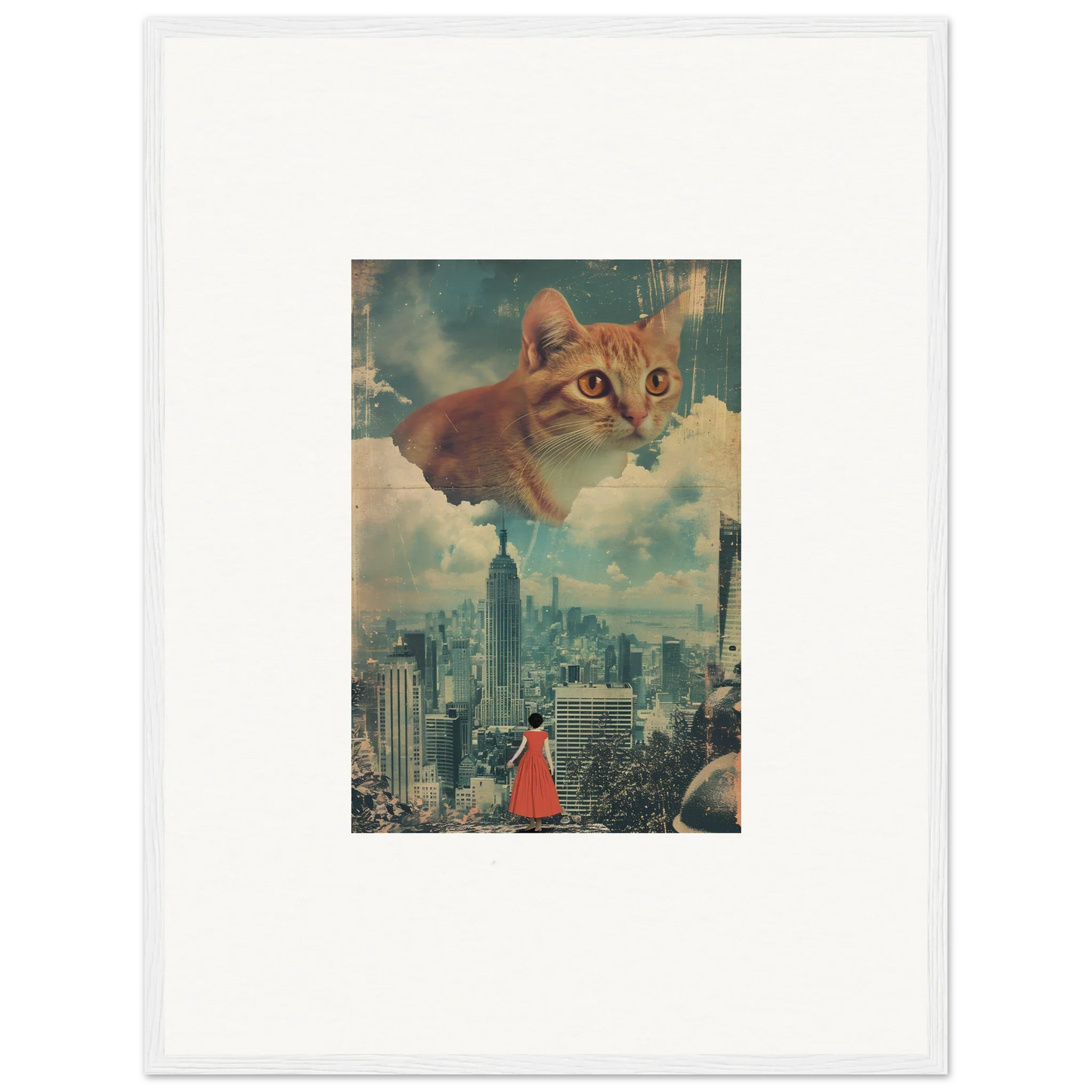 Ginger tabby cat’s face above a cityscape for unique cloud ascent room decor