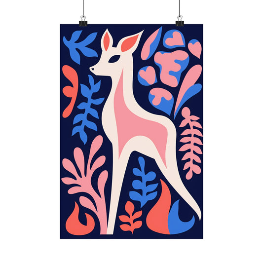 Stylized pink deer surrounded by colorful abstract floral shapes.