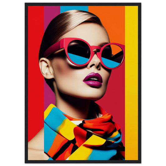 Stylish woman wearing vibrant pink sunglasses and colorful striped scarf against a bold, multi-colored background.