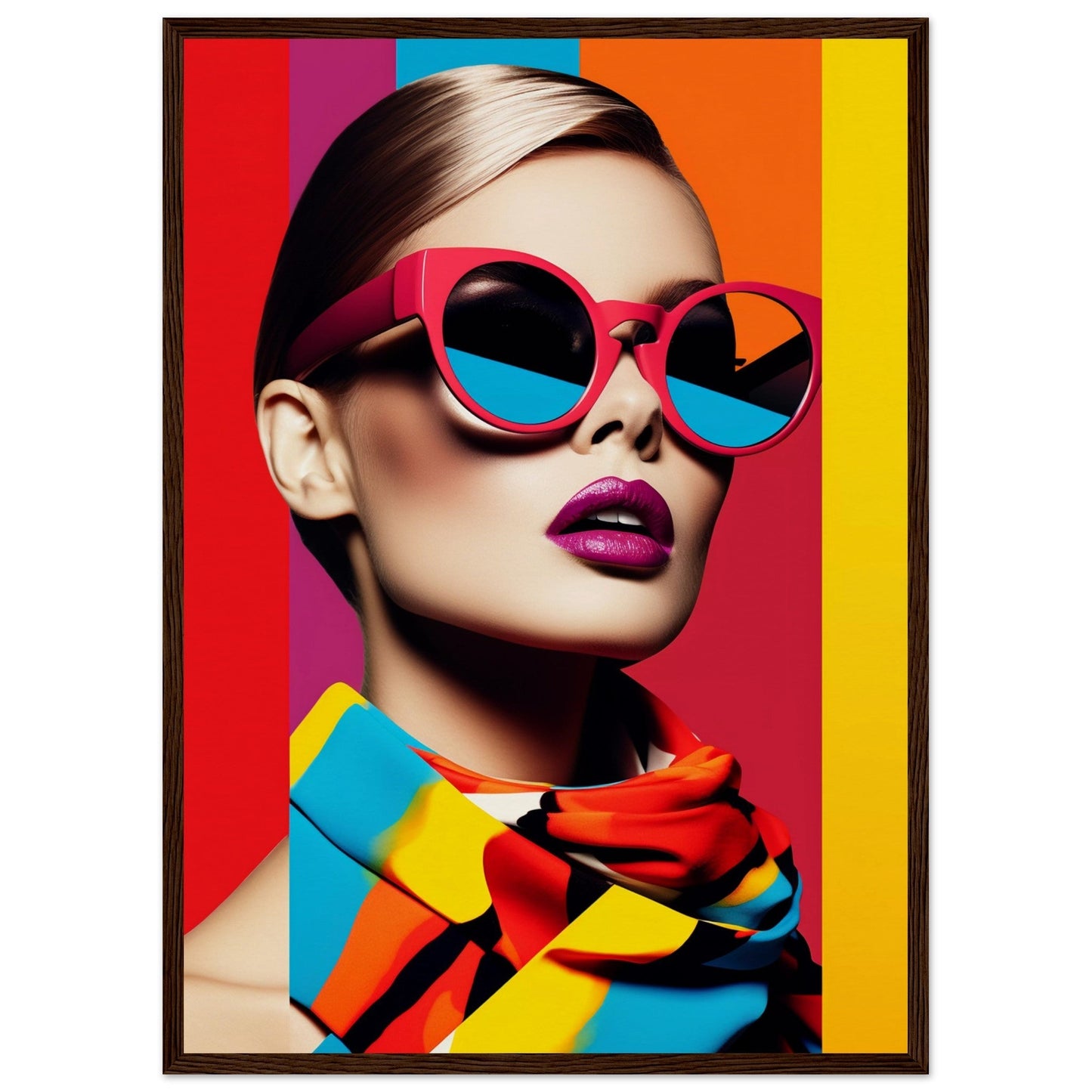 Stylish woman wearing vibrant oversized sunglasses and colorful scarf against a bold, multicolored backdrop.