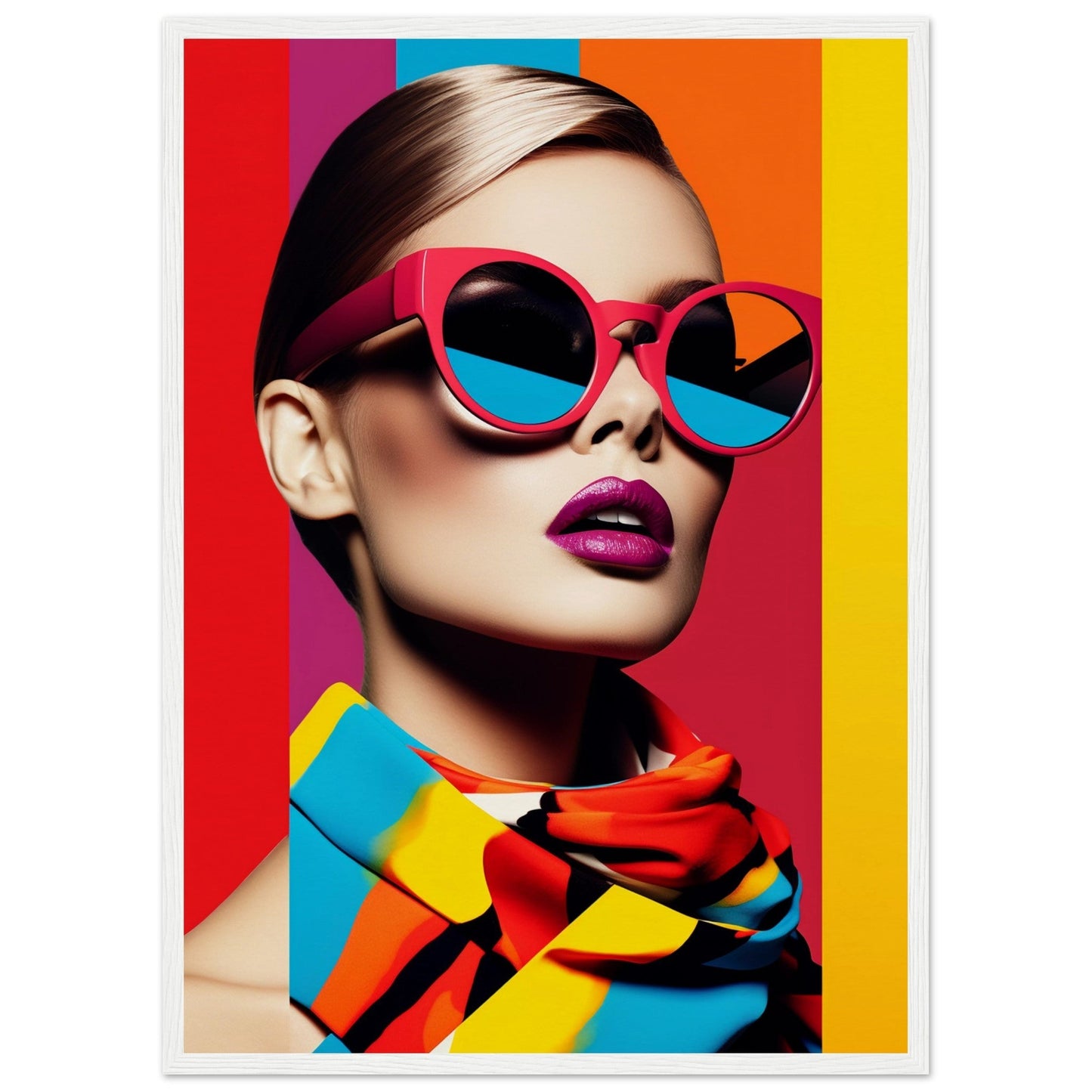 Stylish woman wearing vibrant pink sunglasses and colorful accessories against a bold striped background.