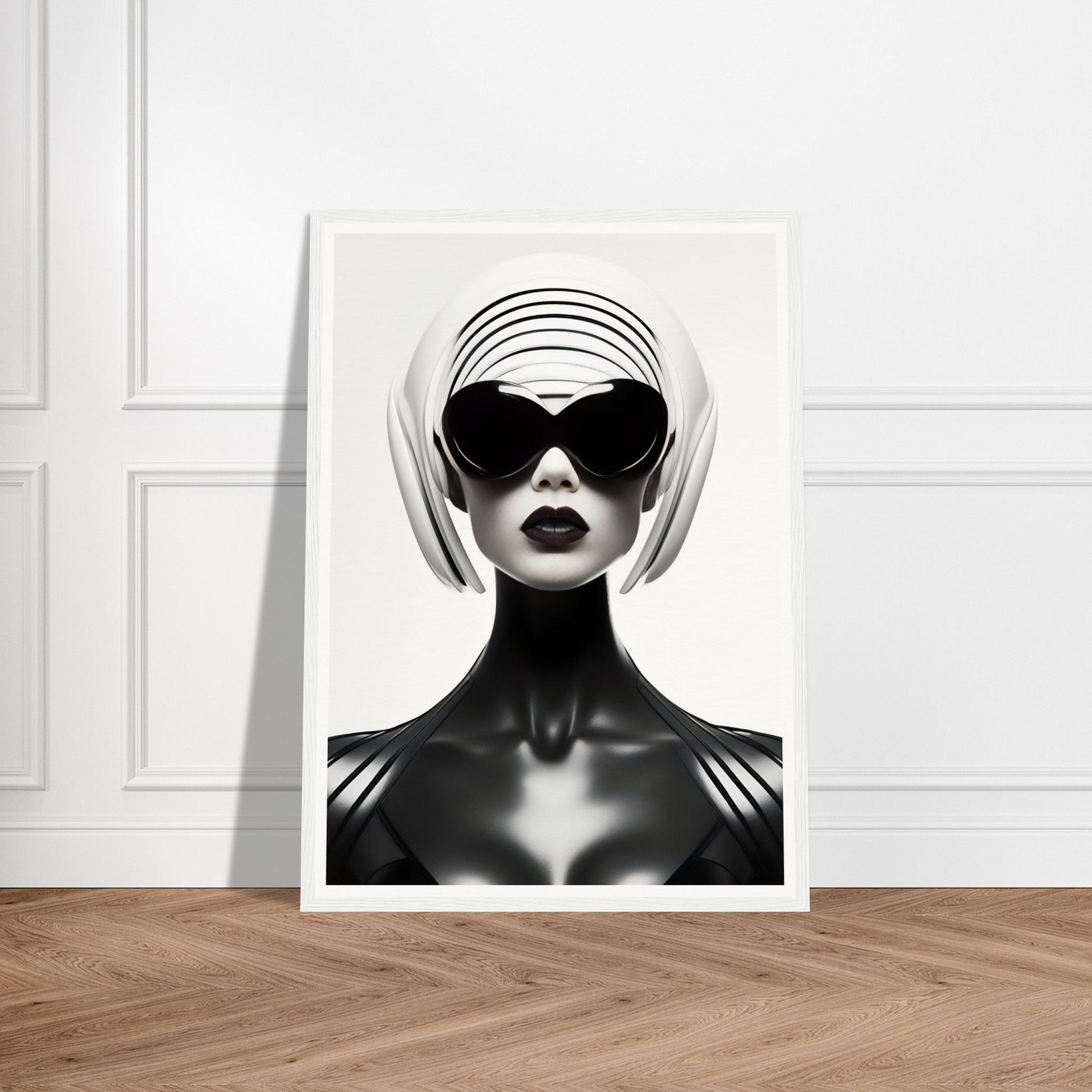 Striking black and white portrait of a figure with futuristic styling, wearing oversized sunglasses and a sculptural headpiece.