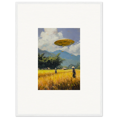 Golden flying saucer in the sky, ideal for Circles Kabuki room decor or framed wall art