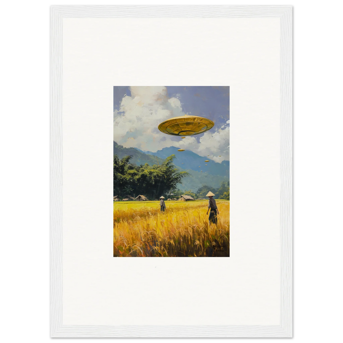 Golden UFO over wheat field with figures, perfect for Circles Kabuki room decor