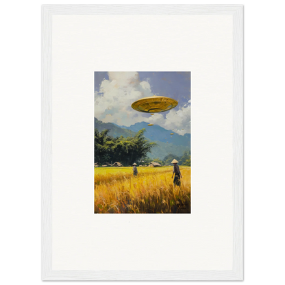 Golden UFO over wheat field with figures, perfect for Circles Kabuki room decor