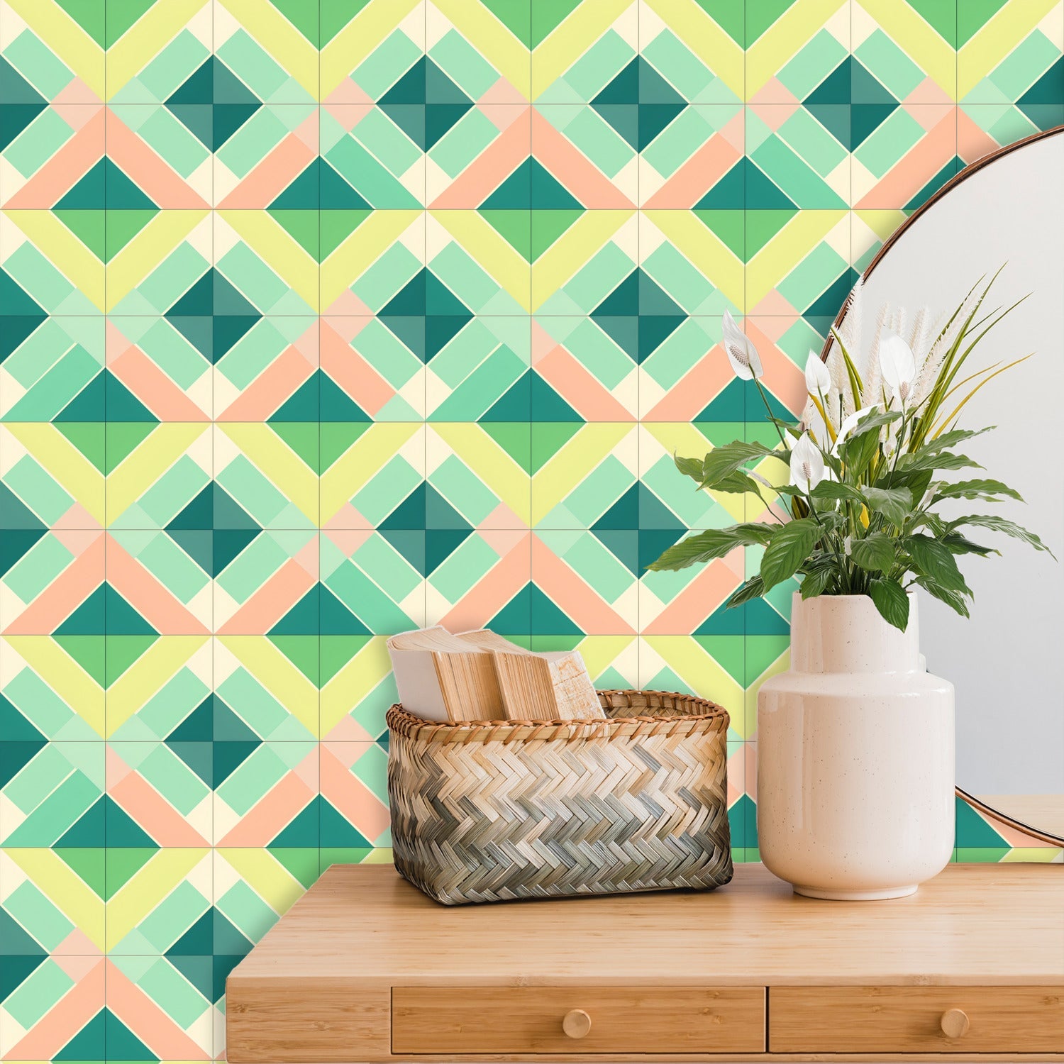 A Geometric Vintage Greens - Peel And Stick Wallpaper Panels poster can transform your living room space with AI generated art.