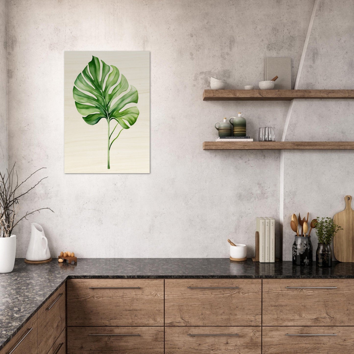 A green leaf on a beige background in a kitchen