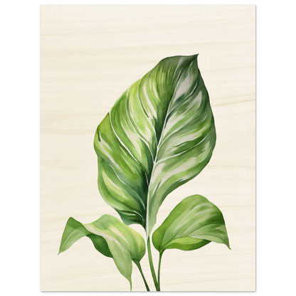 Transform your space with a Aquarelles Tropical Leaf D - Wood Prints for my wall featuring an AI generated art - a painting of a green leaf on a white background.