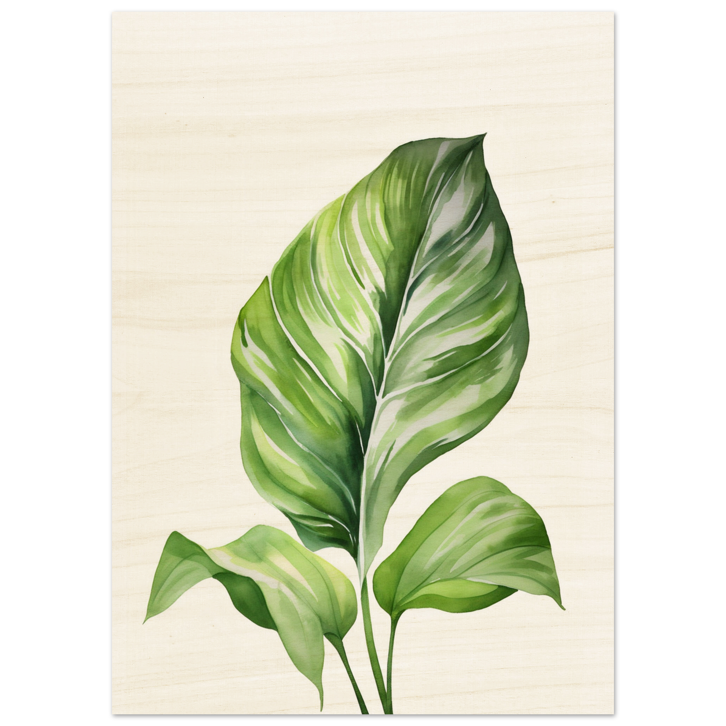 Transform your space with a Aquarelles Tropical Leaf D - Wood Prints for my wall featuring an AI generated art - a painting of a green leaf on a white background.