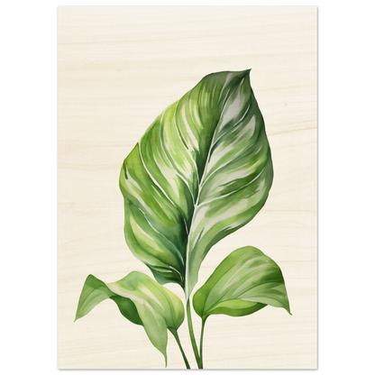 Transform your space with a Aquarelles Tropical Leaf D - Wood Prints for my wall featuring an AI generated art - a painting of a green leaf on a white background.