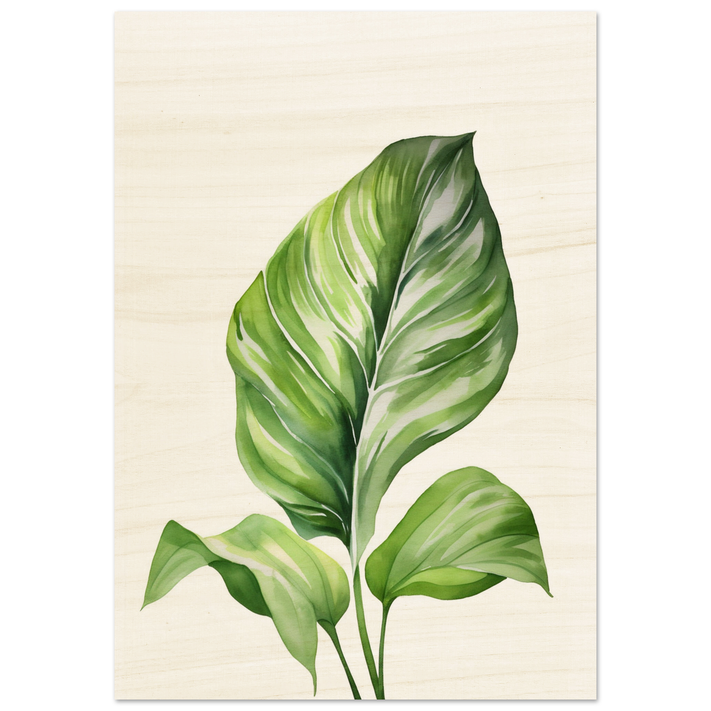 Transform your space with a Aquarelles Tropical Leaf D - Wood Prints for my wall featuring an AI generated art - a painting of a green leaf on a white background.