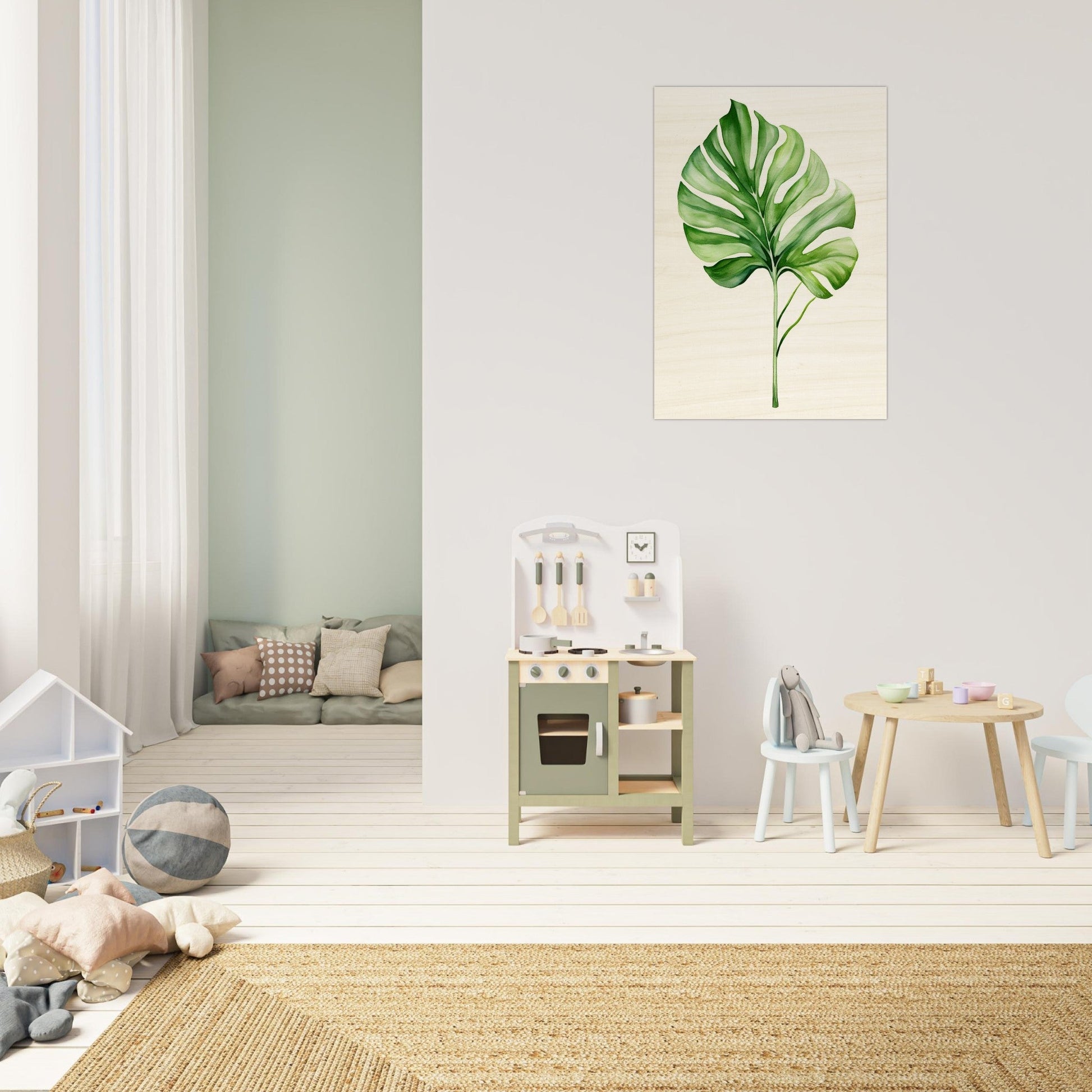 A green leaf on a white background in a child’s room