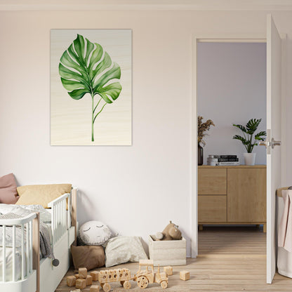 A green leaf on a white background in a baby’s room