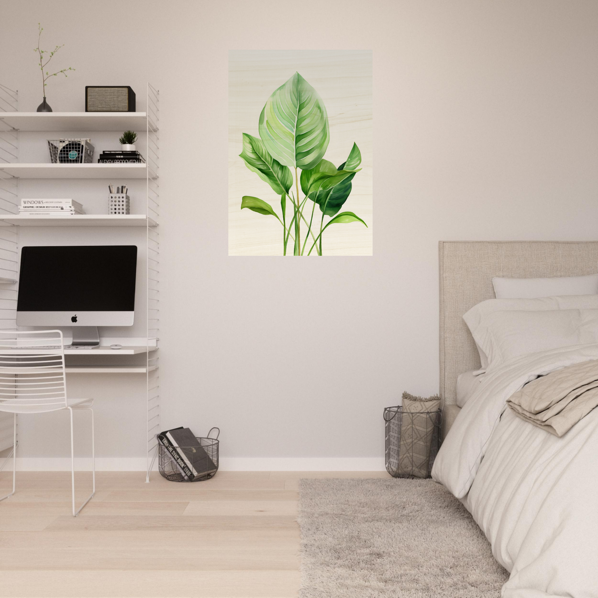 A green leaf on a white background wall mural