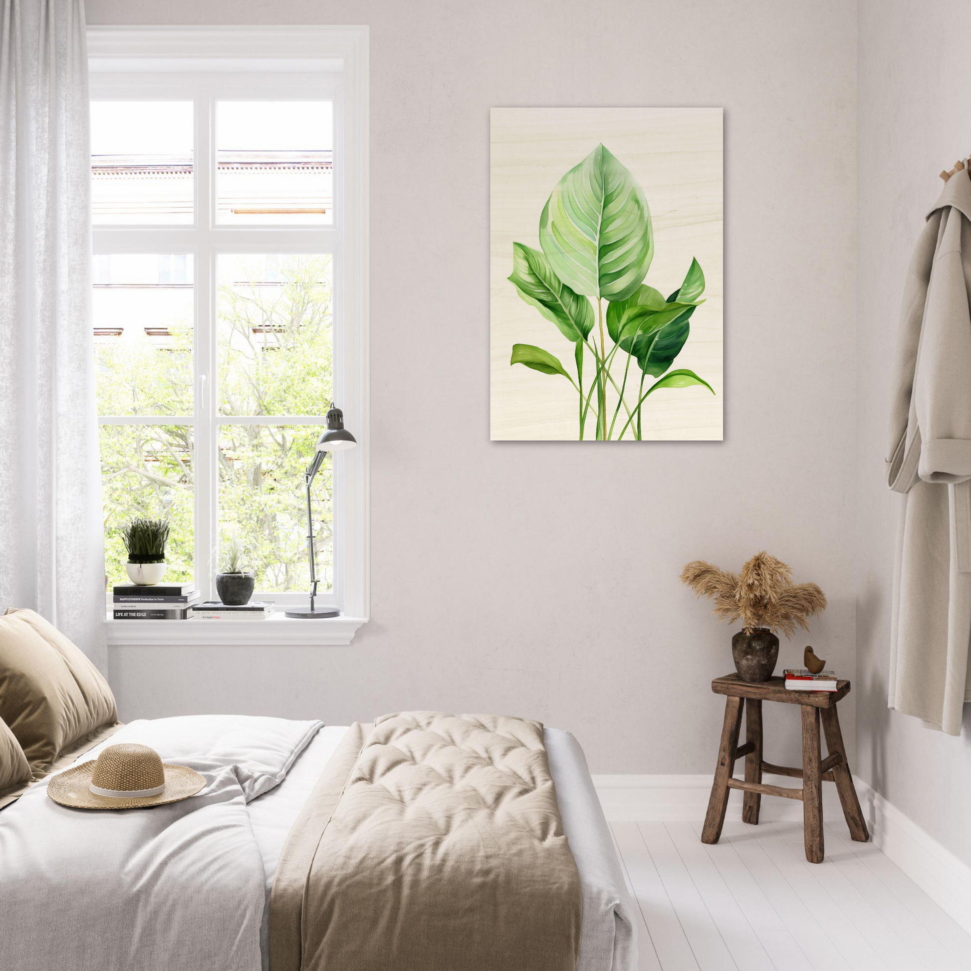 A green leaf on a white wall in a bedroom