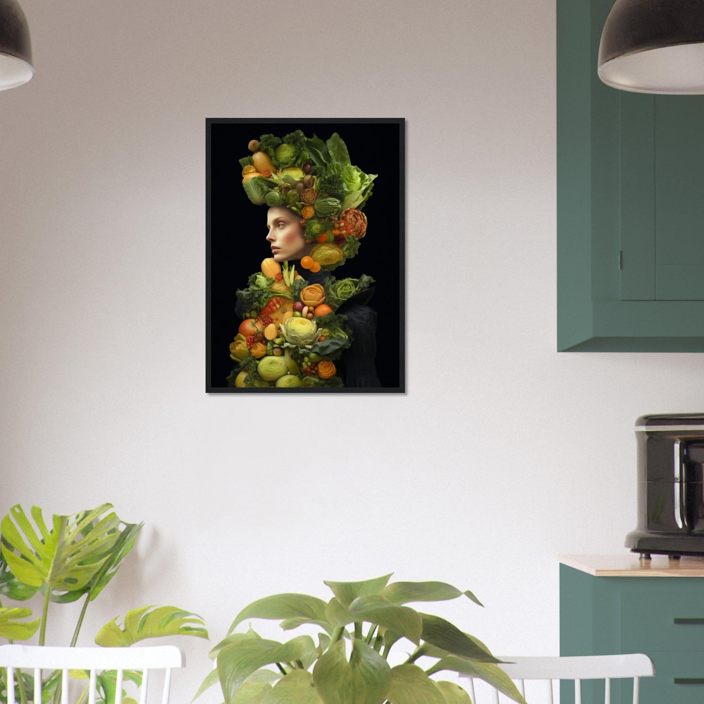 Surrealist portrait combining a human figure with an array of colorful fruits and vegetables.