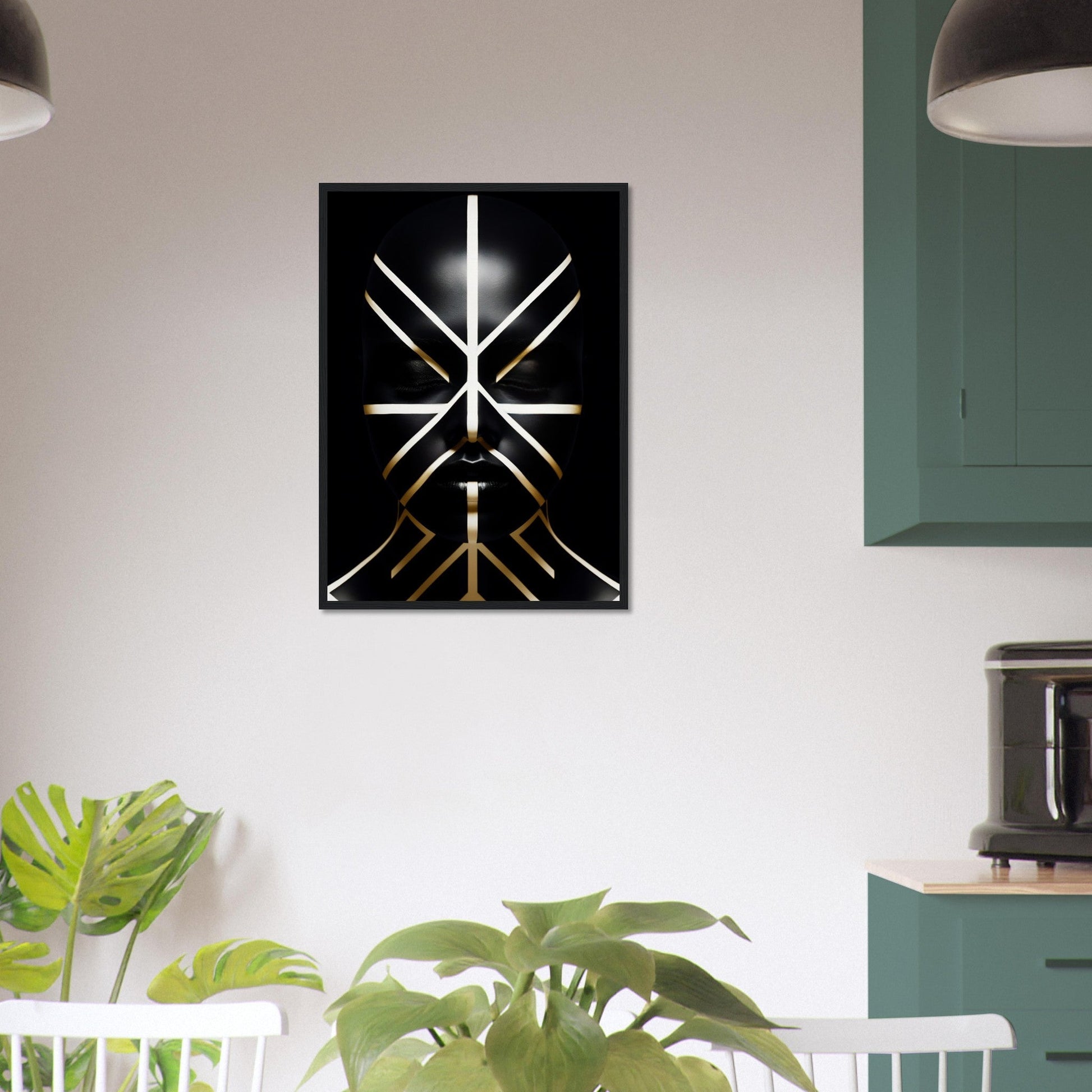 Abstract geometric artwork featuring white and gold lines forming a symmetrical pattern on a black background.