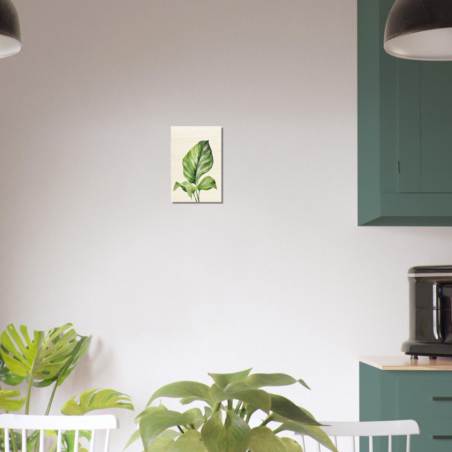 Transform your space with a Aquarelles Tropical Leaf D - Wood Prints for my wall featuring an AI generated art - a painting of a green leaf on a white background.