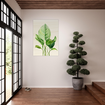 A green plant in a pot on a wooden floor