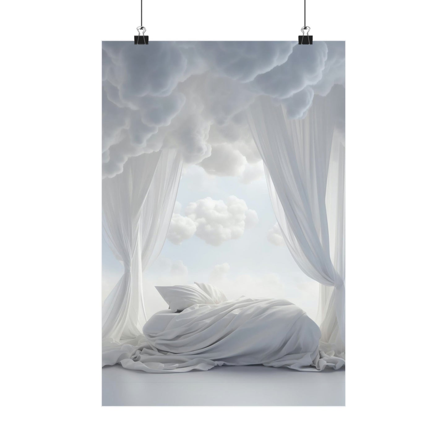 Bed draped in flowing white fabric with billowing curtains surrounding it.