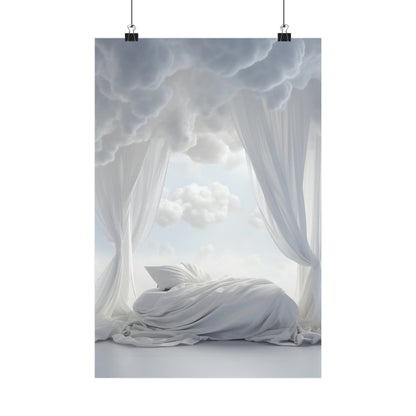 Bed draped in flowing white fabric with billowing curtains surrounding it.