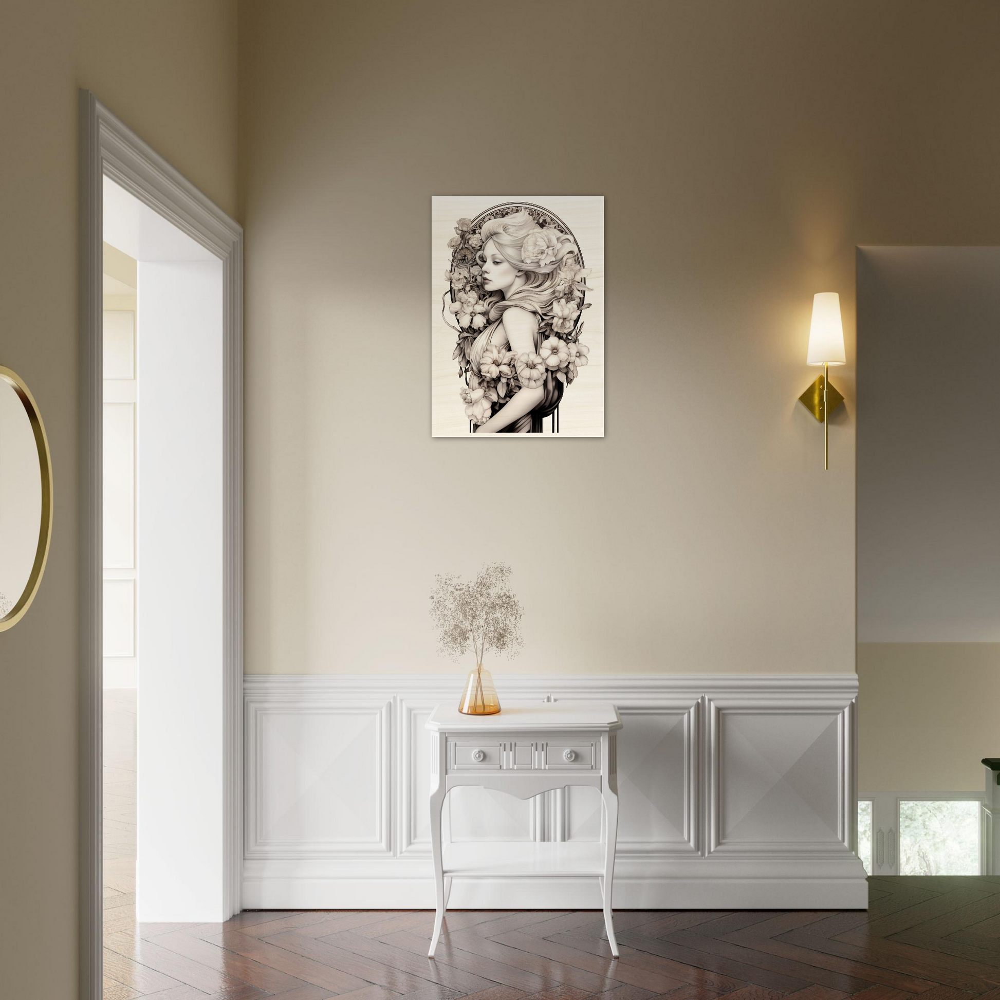 Elegant white console table with curved legs against a wall.