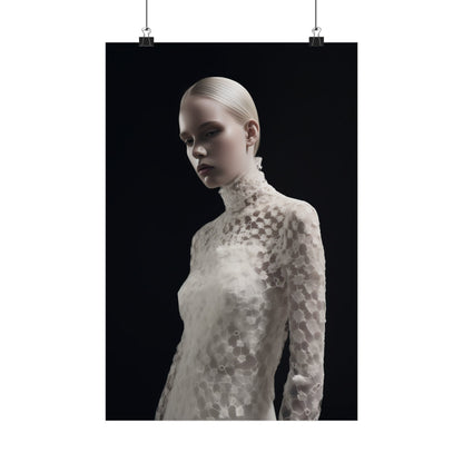 Pale sculpture or mannequin with textured skin wearing a high-necked garment.