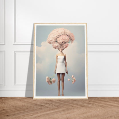 Surreal artwork depicting a figure with a cloud-like pink cotton candy head wearing a white dress.