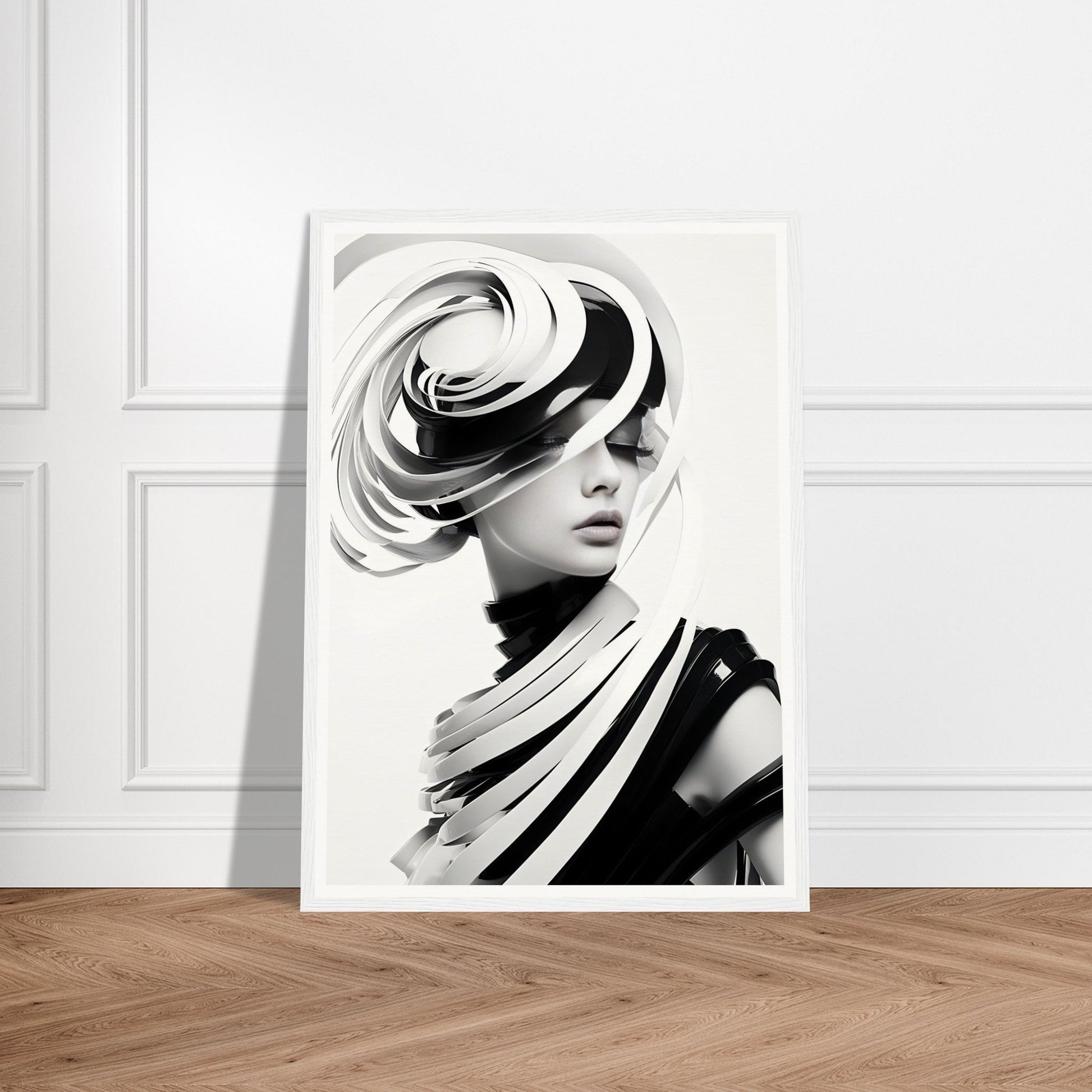 Black and white portrait of a person wearing an avant-garde, swirling hat or headpiece.